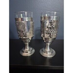 2 AZTEC glasses silver barware footed goblet mayan tiki bar
